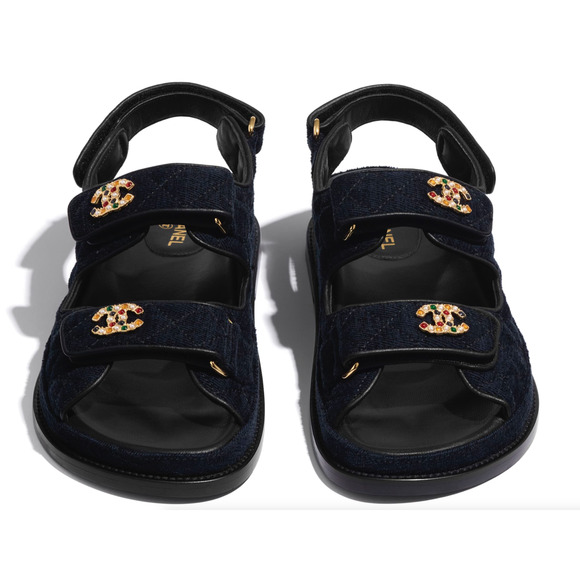 Chanel 21A Blue Velvet Denim CC Logo Mule Slide Strap Flat Teva Dad Sandal 40.5 - Picture 7 of 11